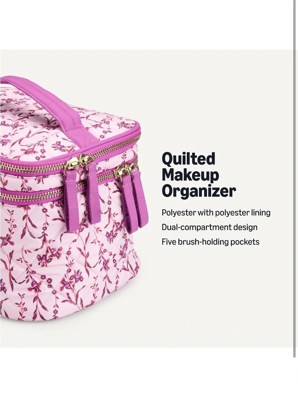 Floral Pink Quilted Cosmetic Case with Matching Travel Brush Pouch
